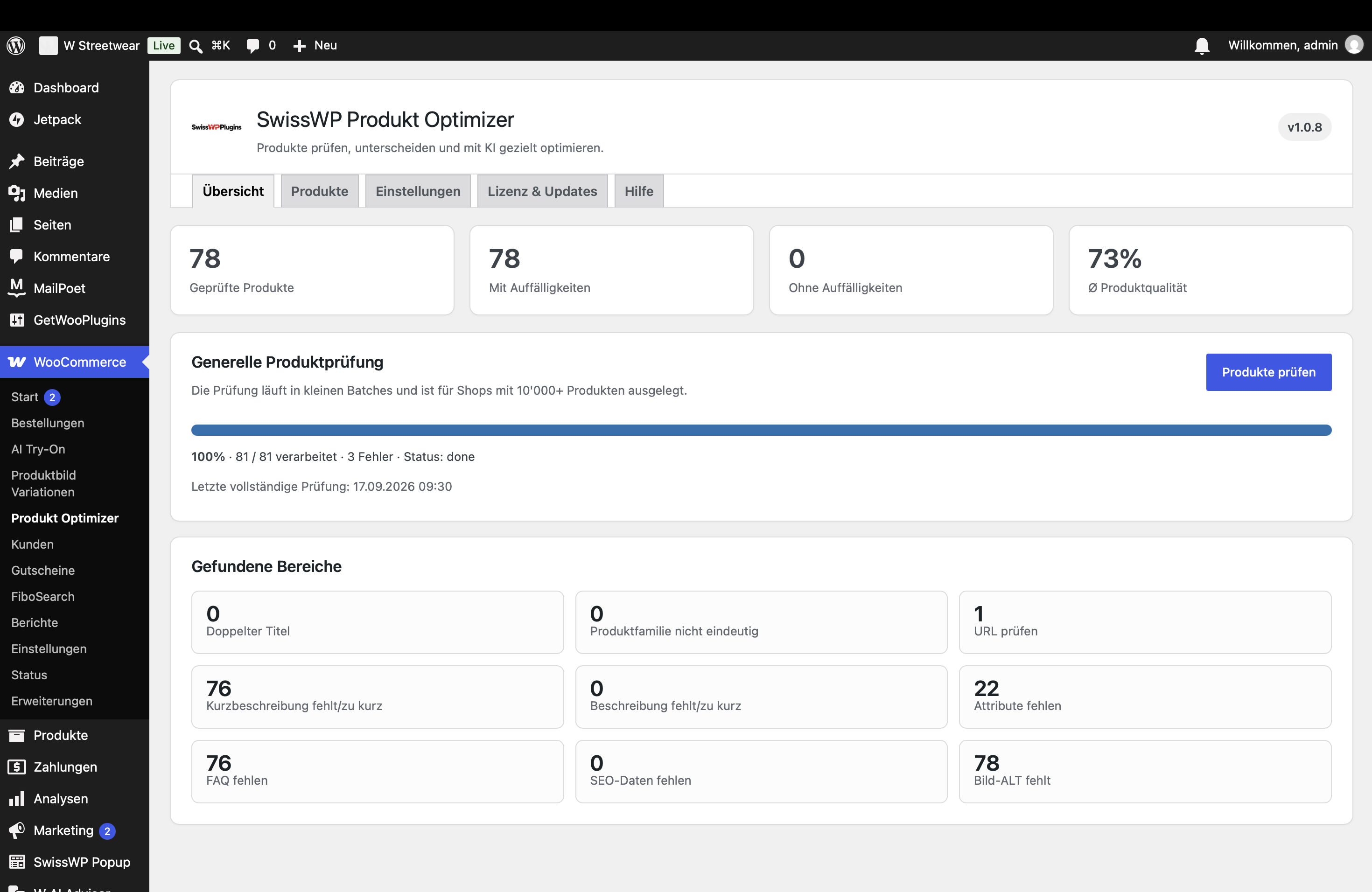 SwissWP Produkt Optimizer Übersicht