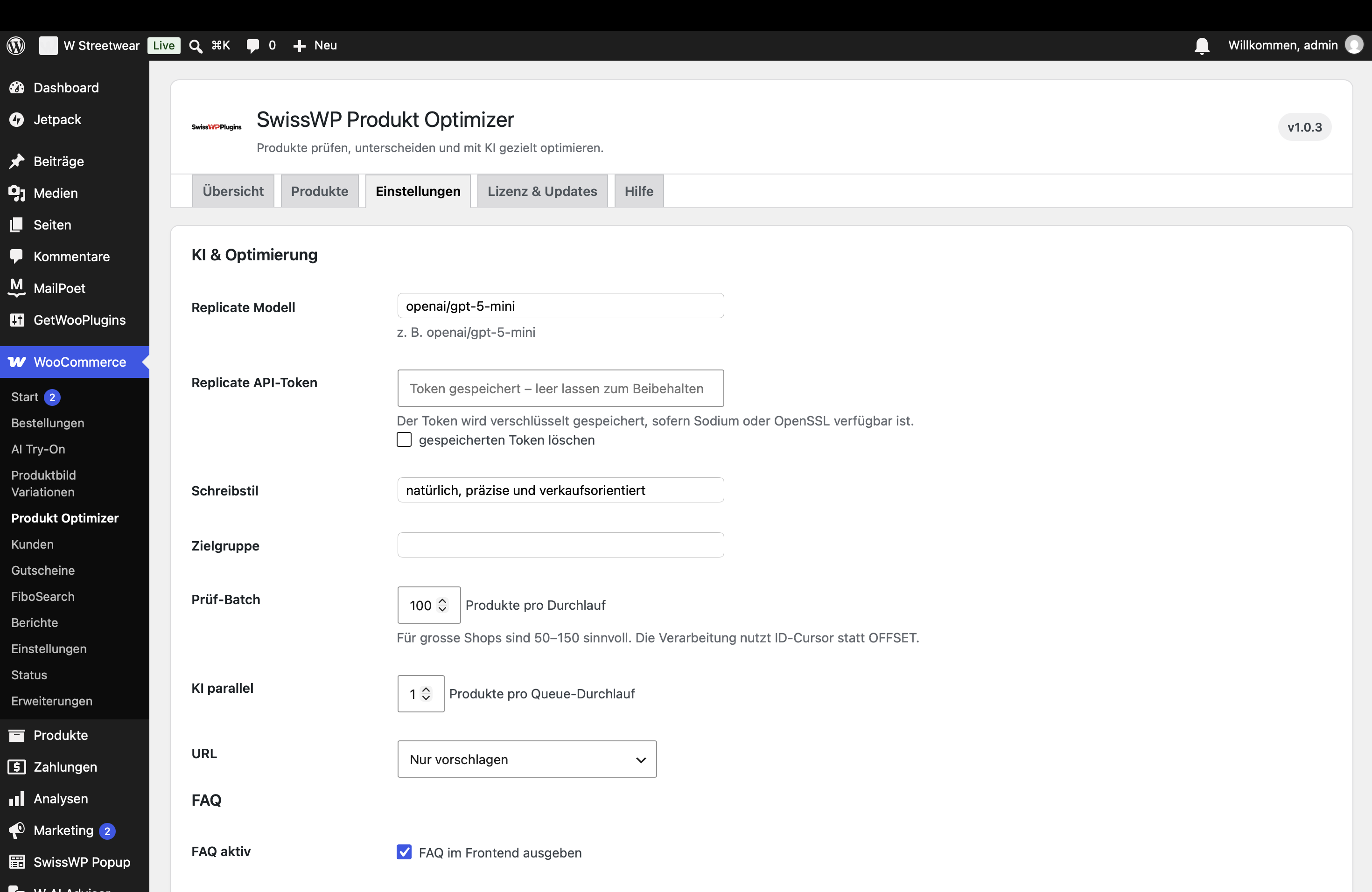 Einstellungen des SwissWP Produkt Optimizers