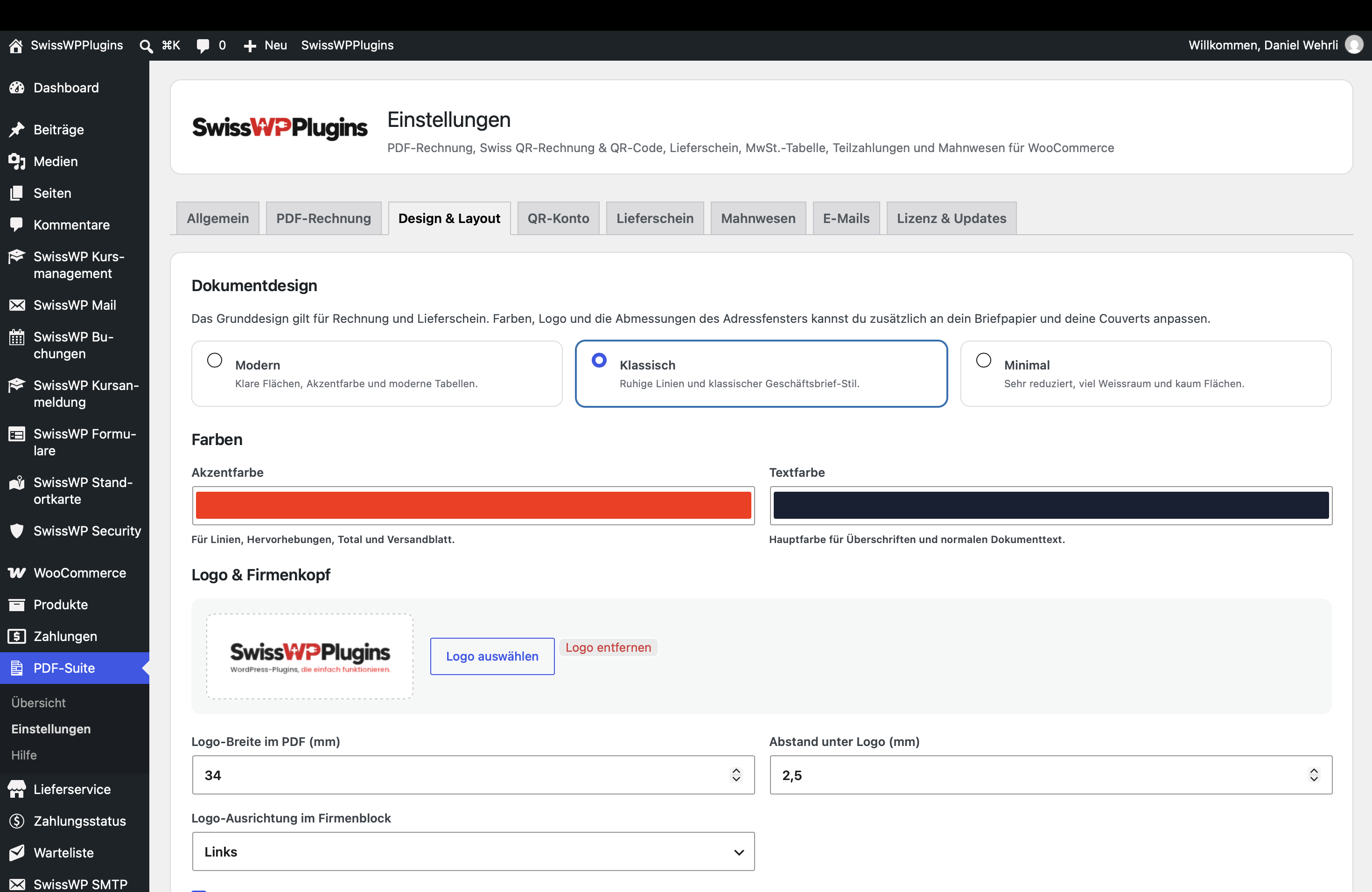 Design- und Layout-Einstellungen der SwissWP WooCommerce PDF-Suite