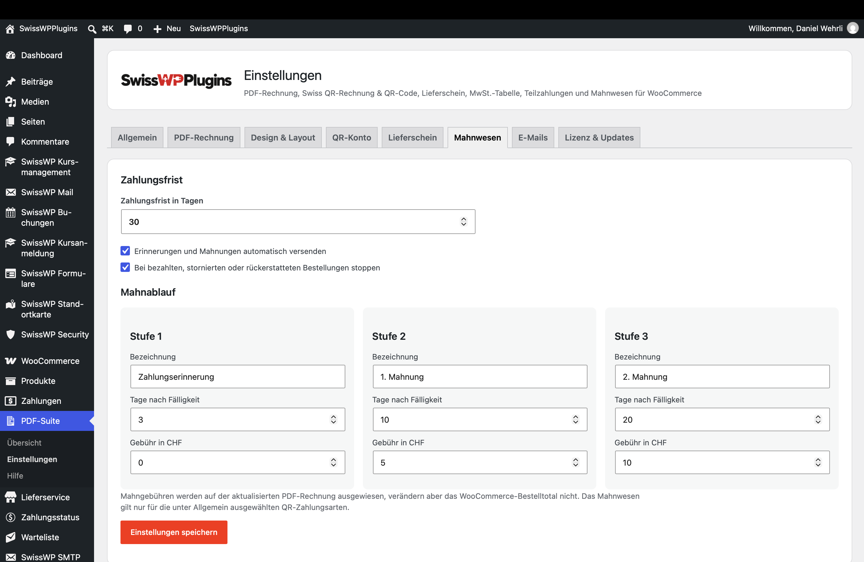 Mahnwesen und Mahnstufen der SwissWP WooCommerce PDF-Suite