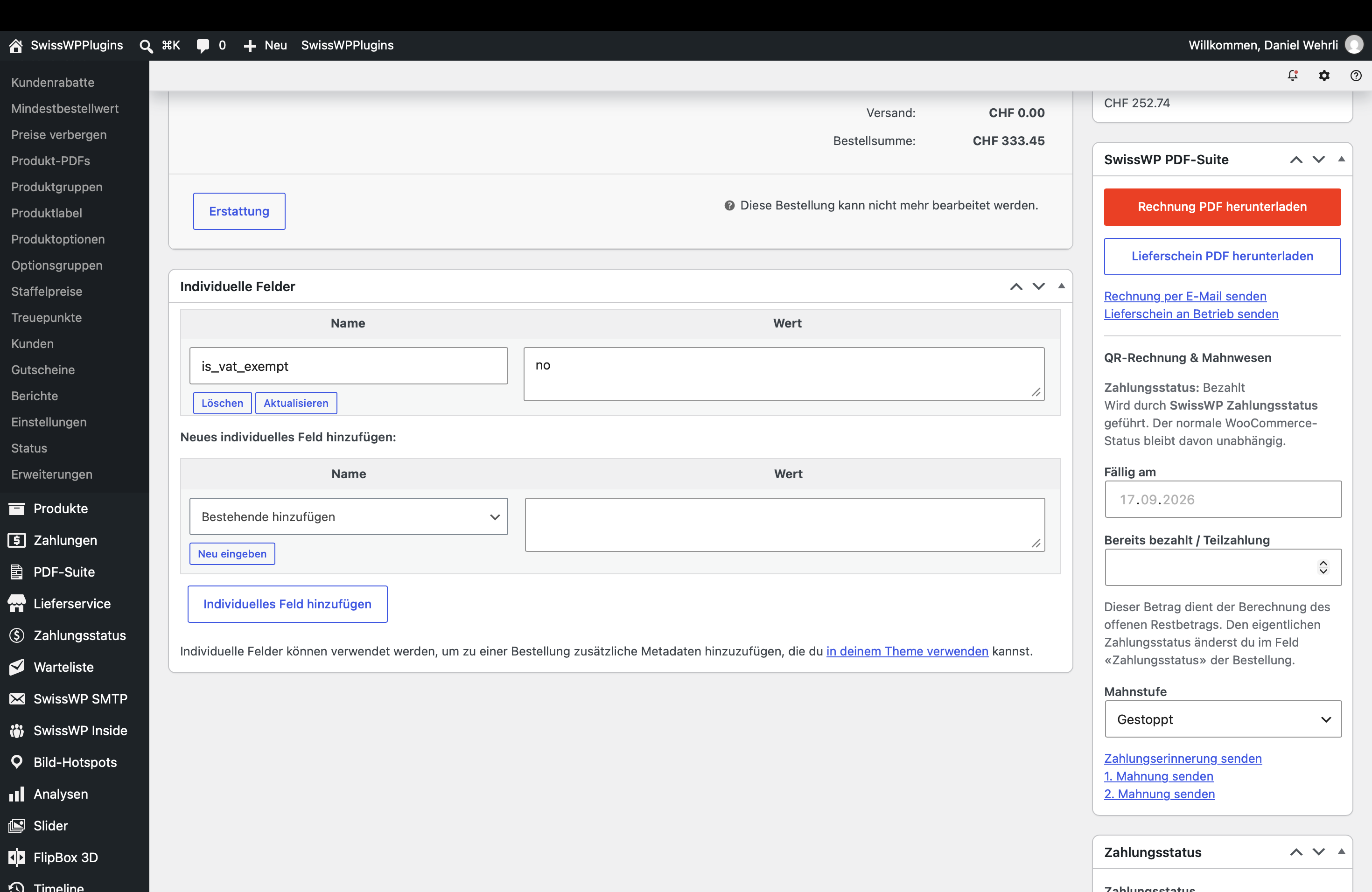 SwissWP WooCommerce PDF-Suite in der WooCommerce-Bestellung